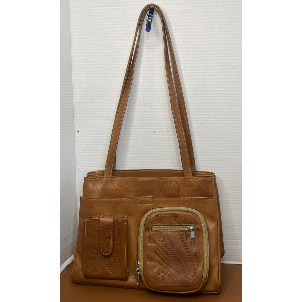 VINTAGE HAND TOOLED EMBOSSED BROWN TAN LEATHER SHOULDER BAG PURSE PARAGUAY - Picture 2 of 13